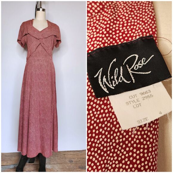 90s does 40s Maxi Dress - Polka Dot Print Dress Long Slits Dress Front & Back XS - Picture 3 of 10
